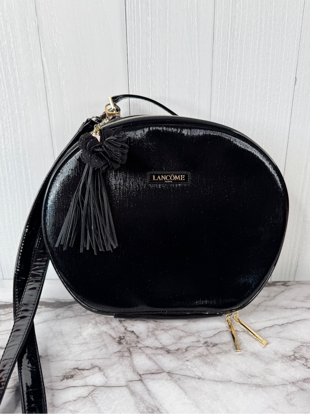 Lancome Black Patent Crossbody Bag with Tassel